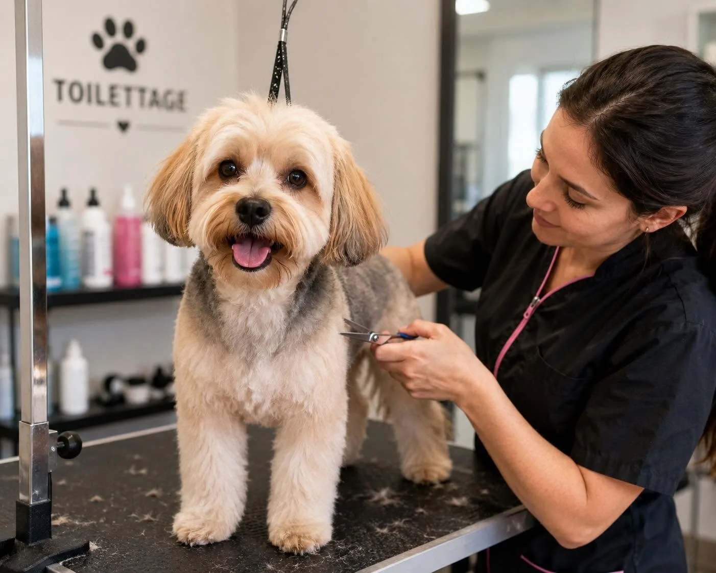 Toiletteuse et petit chien dans le salon Toilettage Bêtes et Poils